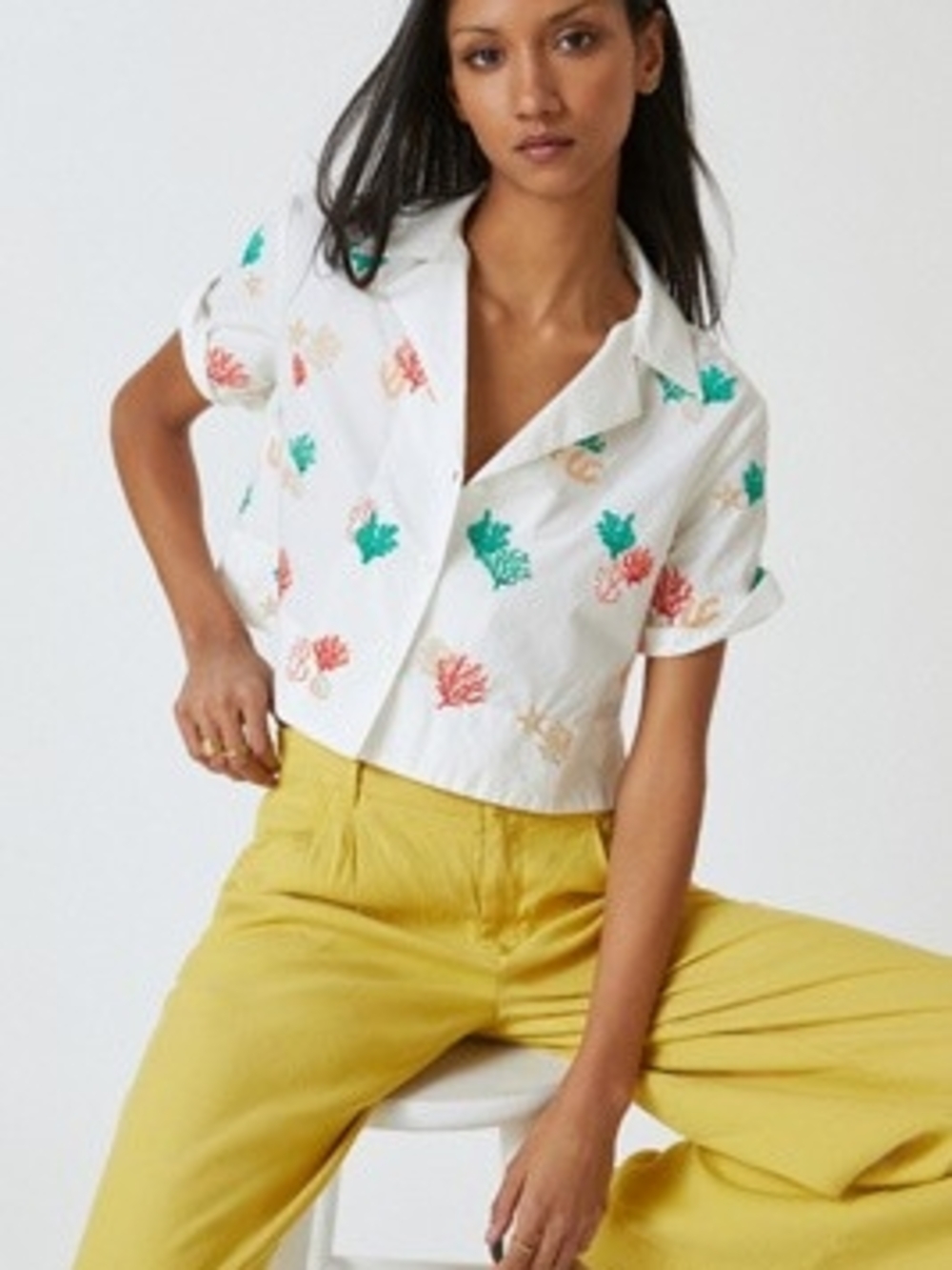 Anthropologie Maeve White Embroidered Button-Up Top with Teal & Orange Accents